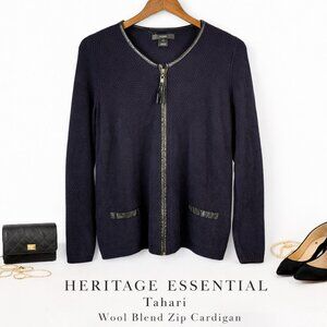 Tahari Merino Wool Blend Navy Blue Zip Cardigan Jacket Plus 1X Faux Leather Trim